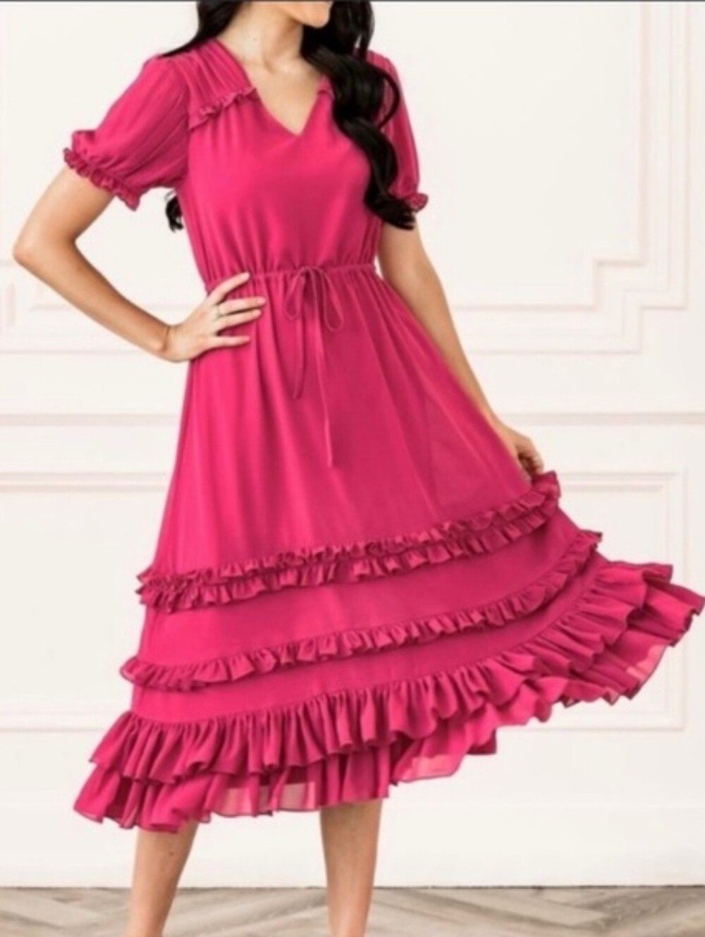 Rachel Parcell Magenta Pink Nwt Pudd Sleeve Ruffled Midi Dress
